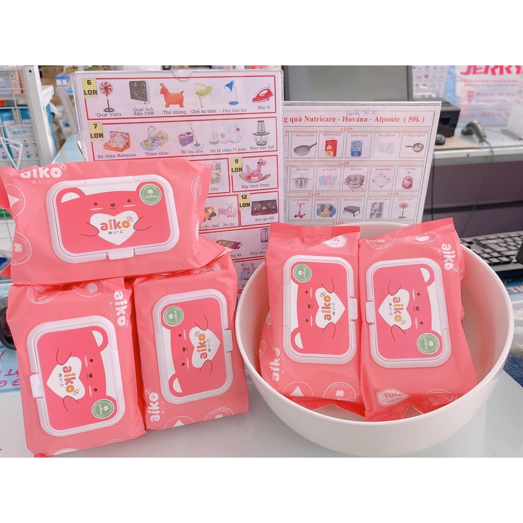Khăn giấy ướt kháng khuẩn cao cấp AIKO không mùi 100 tờ cho bé