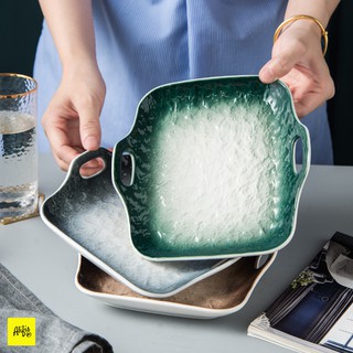 Đĩa sứ vuông có tay cầm men màu đẹp mắt – phong cách Bắc Âu – dùng ăn bít tết, trang trí đồ ăn, decor