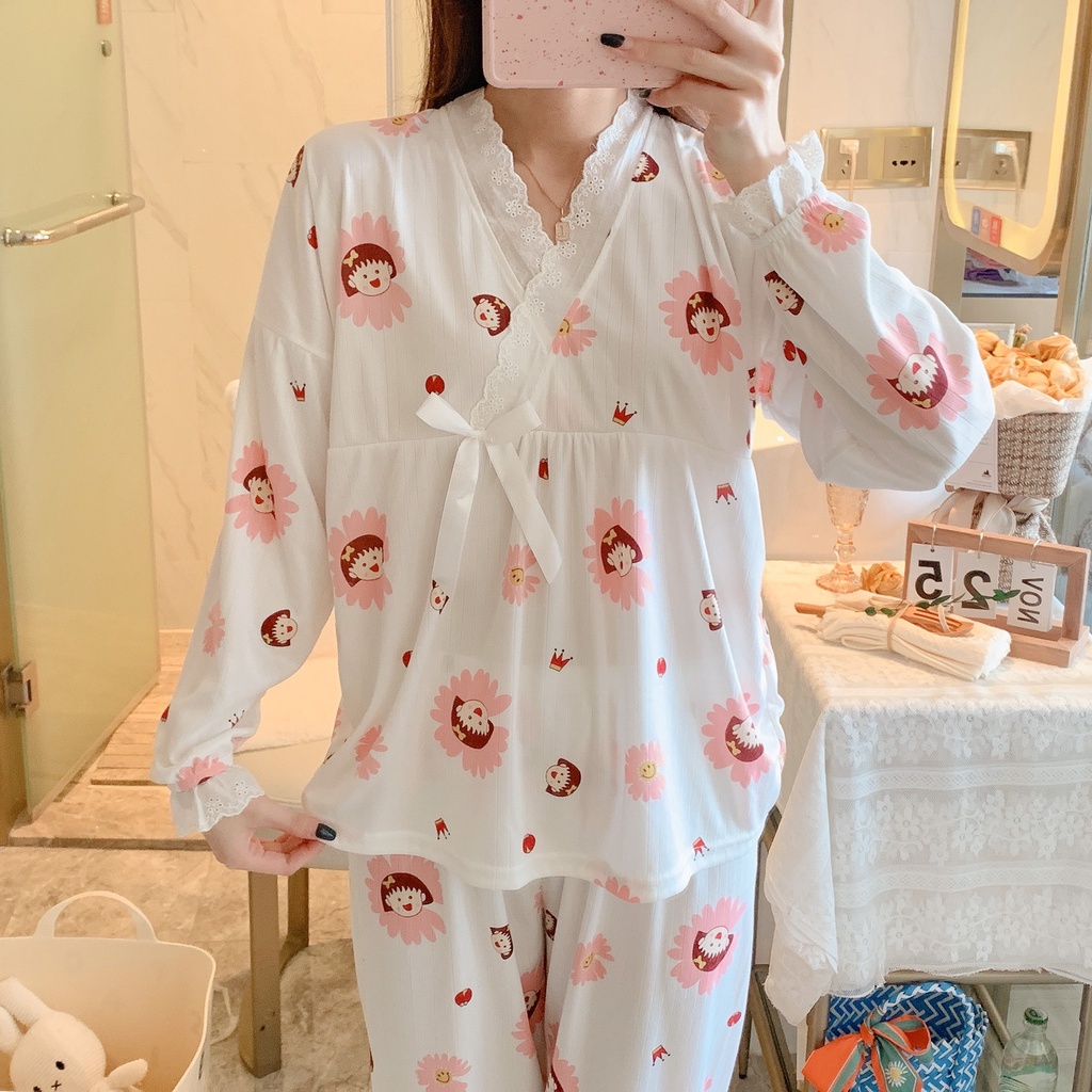 Bộ ngủ nữ dài tay chất cotton kimono pyjama phiên bản Hàn Quốc cao cấp 2022