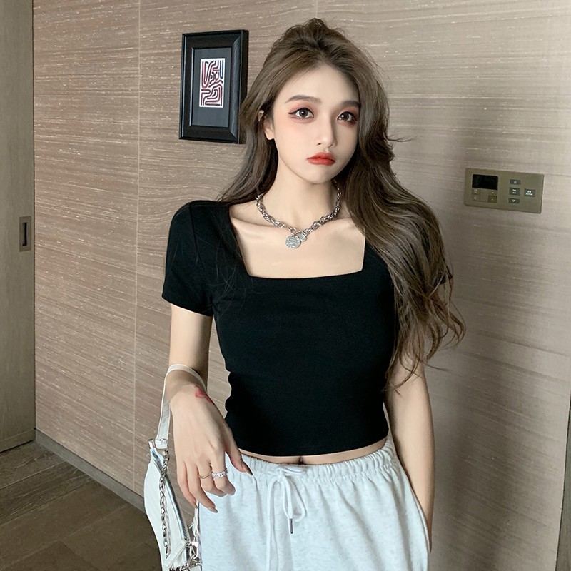 ✠✑┇sang trọng retro cổ vuông ngắn bó sát trên cùng áo thun mỏng đáy của phụ nữ