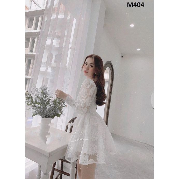 Đầm ren hoa cúc tay dài bồng phối nút bọc sang chảnh - Laven Dress