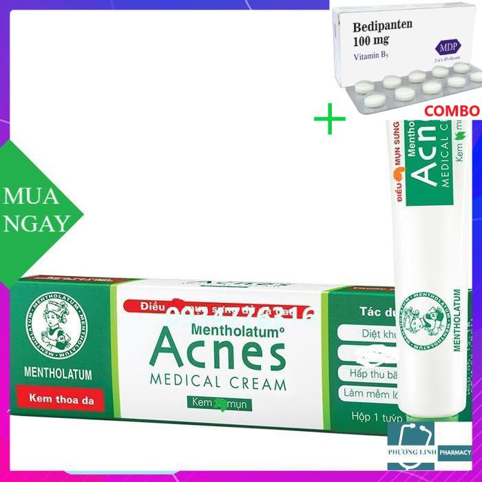 Combo Bedipanten 100mg +  Kem bôi mụn sưng đỏ đau Acnes 18g