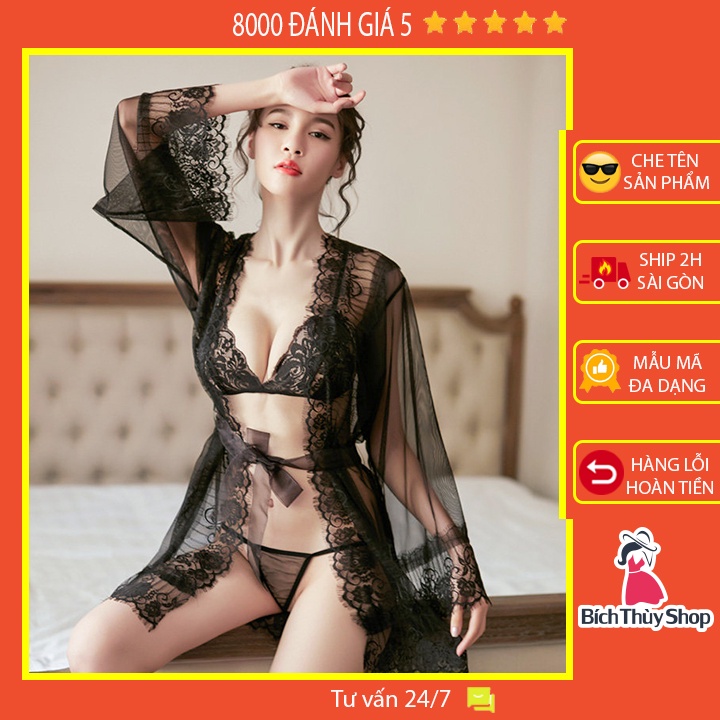 Set ngủ ren sexy áo choàng ngủ ren xuyên thấu kèm chip lọt khe và áo ngực ren