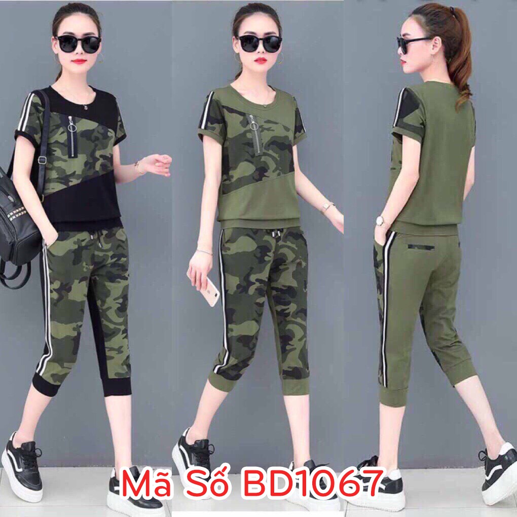 BD1067 Set nguyên bộ đồ thể thao lửng lính rằn ri phối khóa kéo sang trọng