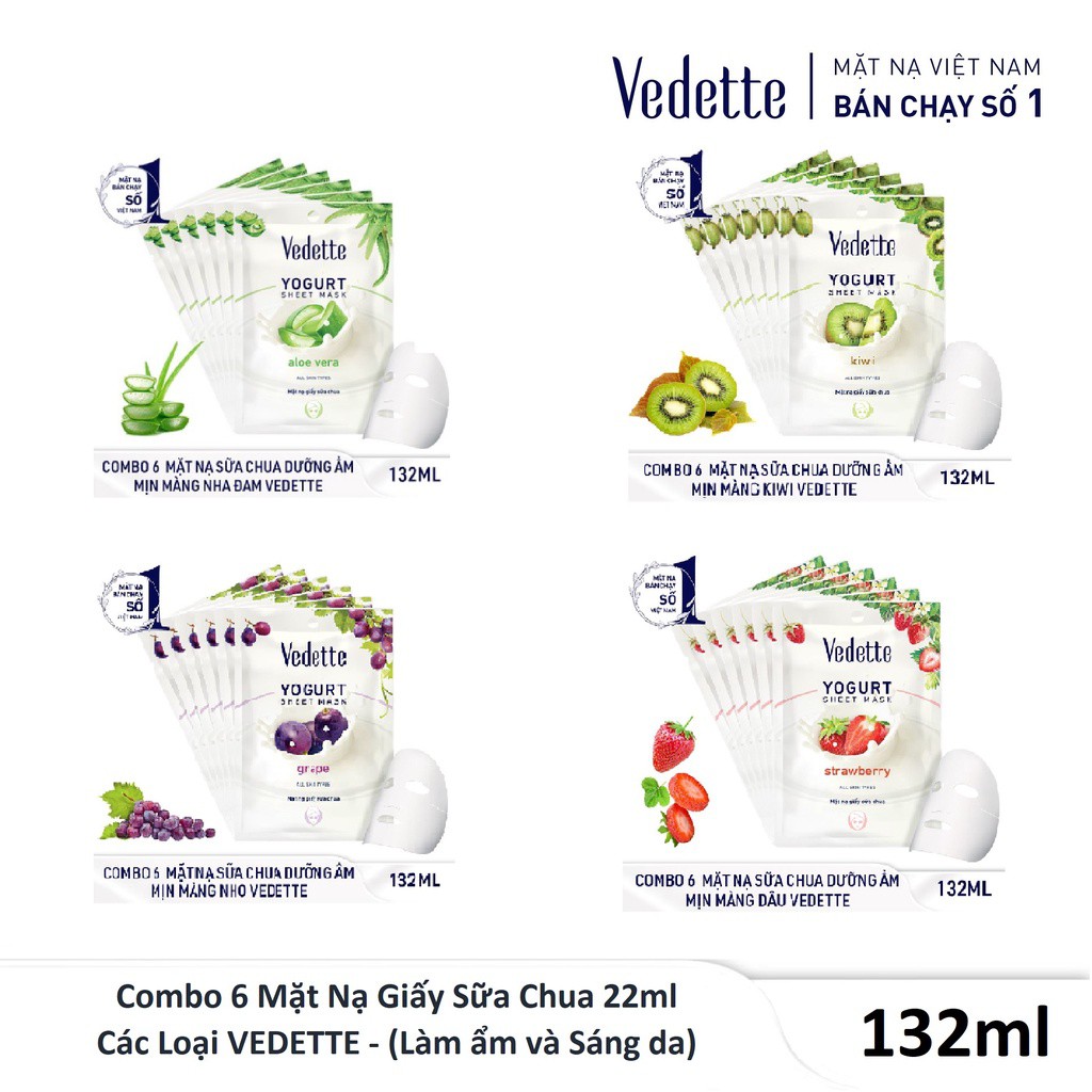 Combo 6 Mặt Nạ Giấy Sữa Chua 22ml Các Loại VEDETTE - Làm ẩm và Sáng da