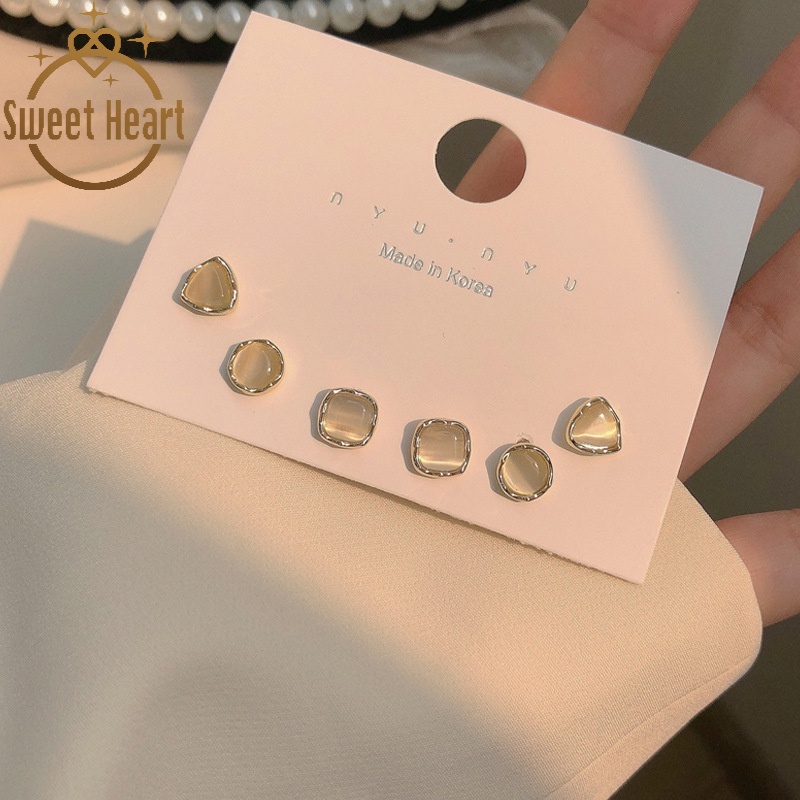 Bộ 3 đôi hoa tai hình trái tim đính đá opal sang trọng cho nữ