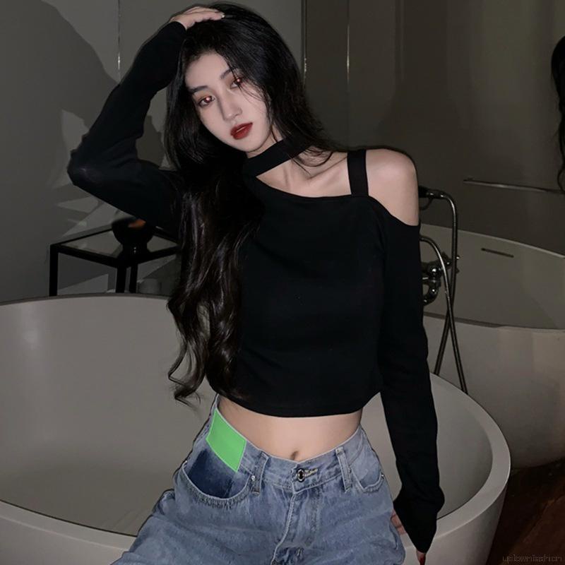 Áo thun tay dài thiết kế lệch vai quyến rũ phong cách hàn quốc