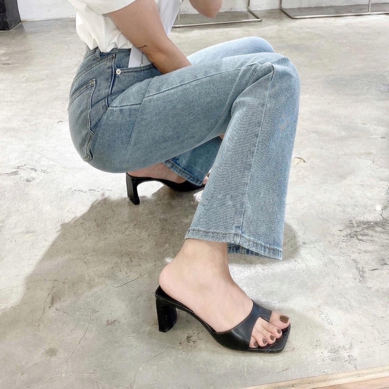 Guốc nữ xỏ ngón gót vuông dẹp 5cm da mềm