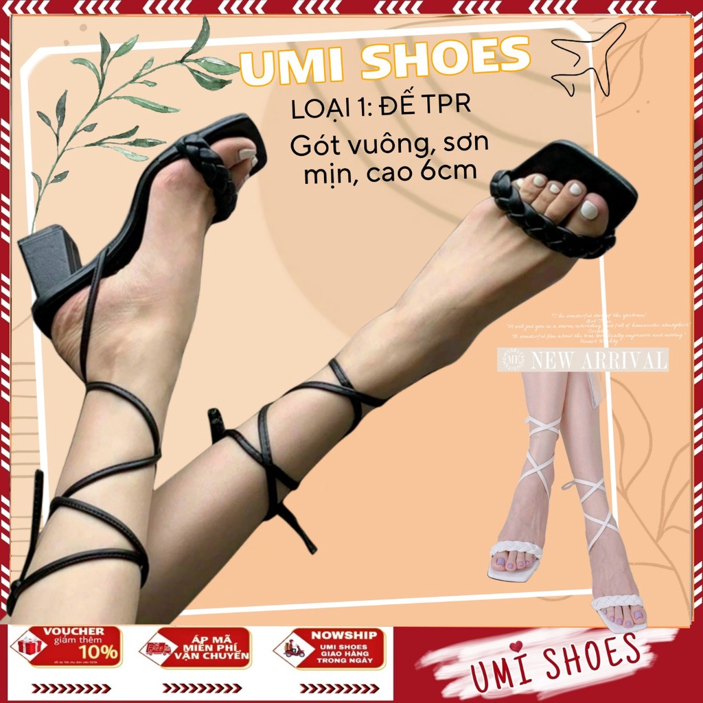 Giày sandal cao gót 6cm quai ngang cột dây mảnh quấn chân xoắn tết thắt bím phồng kiểu mới hot trend mũi vuông