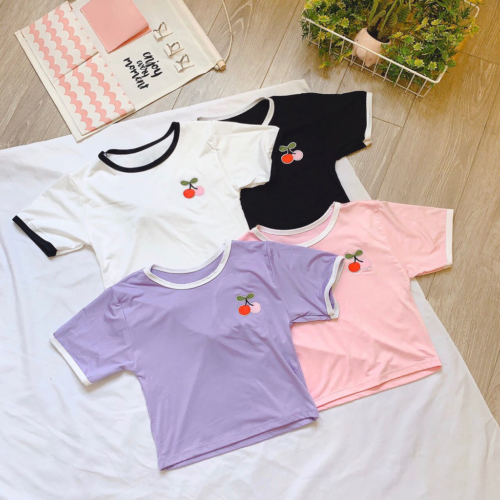 ÁO THUN CROPTOP ÔM BODY NGẮN CO GIÃN - ÁO KIỂU CRT ULZANG NGẮN TAY CỔ TRÒN THÊU HOA CHERRY NHỎ 69