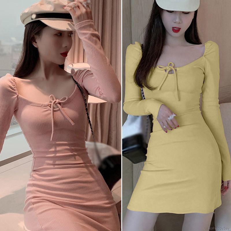 Đầm tay dài ôm dáng cổ vuông quyến rũ thời trang dành cho nữ