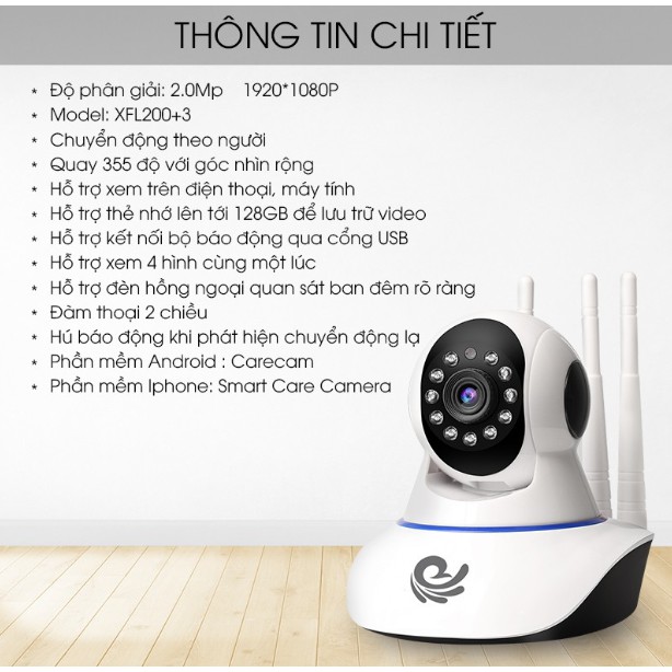 [ SALE SẬP SÀN ] CAMERA IP WIFI CARECAM 3 RÂU CC1021 - FHD1080 - 2.0Mps