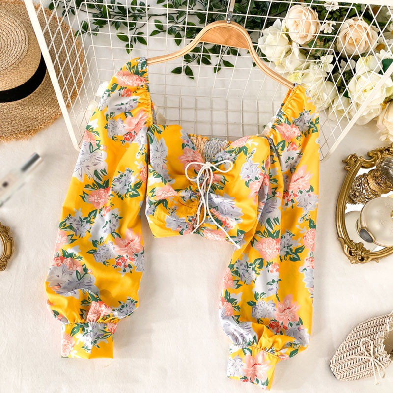 Áo croptop tay phồng cổ vuông họa tiết in sáng tạo hợp thời trang cho nữ