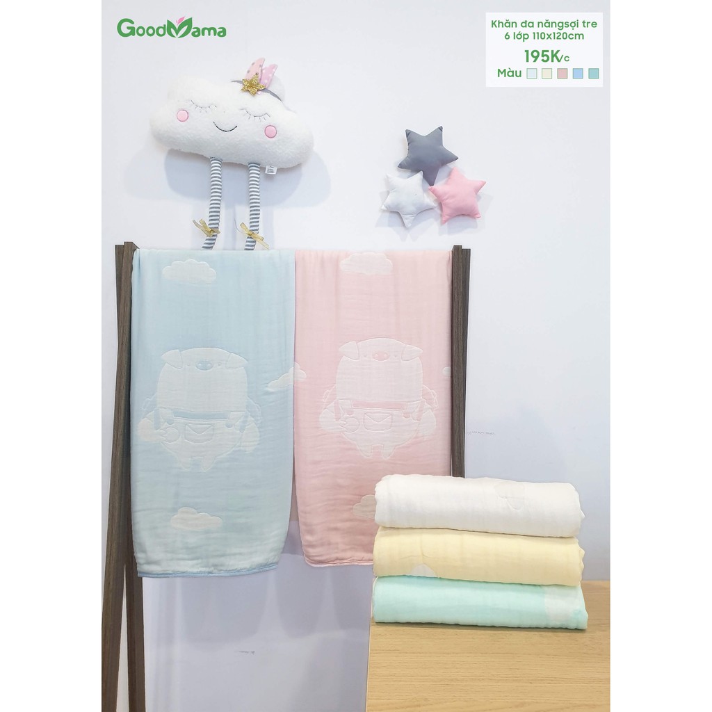 Khăn tắm cho bé 6 lớp 110x120cm Goodmama, khăn sợi tre chính hãng thấm hút nước tốt, mềm mại cho da bé