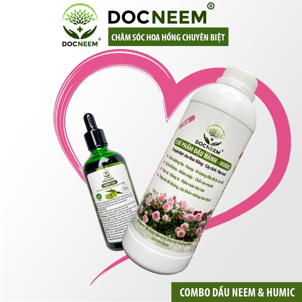 Combo Neem oil và Phân bón đỗ tương Humic DOCNEEM hữu cơ, trị sâu bệnh kích chồi hoa hồng chuẩn form chai 100ml và 1 lít