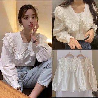 Áo sơ mi cúc bọc cổ bèo ren Ulzzang, áo kiểu Hàn Quốc cực xinh
