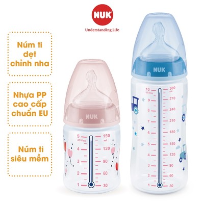 Bình sữa NUK - cảm biến nhiệt độ - nhựa PP cao cấp chuẩn EU - núm ti silicone y tế 150ml, 300ml