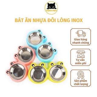 Bát ăn đôi lòng inox hình ếch cho thú cưng chó mèo
