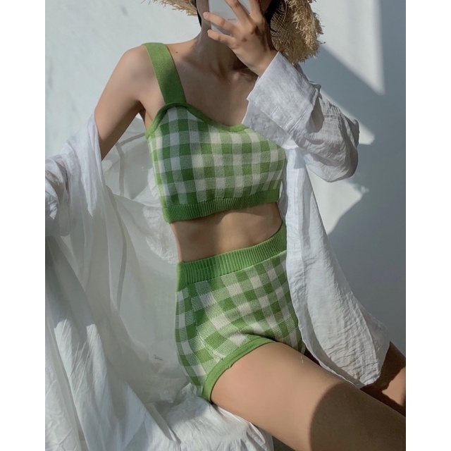 Set bikini caro xanh