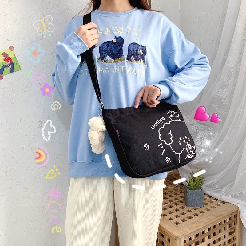 Túi Đeo Chéo Bằng Vải Canvas Phong Cách Mới Sức Chứa Lớn Dễ Phối Đồ Dành Cho Nữ Sinh