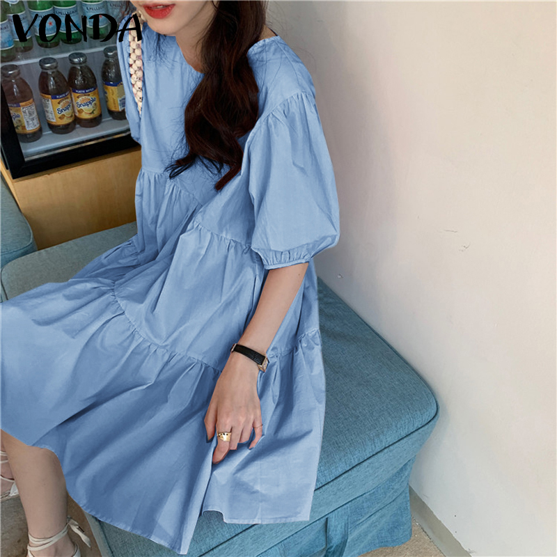 VONDA Women Casual Korean Short Sleeve Round Neck Loose Plain Pleated Short Dress