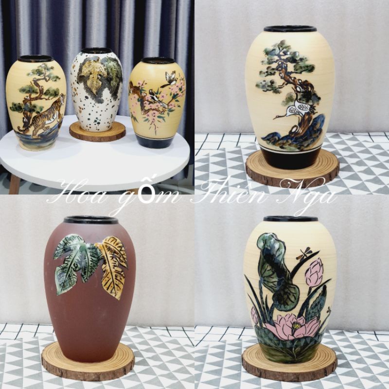 Bình cắm hoa gốm sứ - Bình, lọ cắm hoa gốm men khô Bát Tràng dáng vò cao 23cm