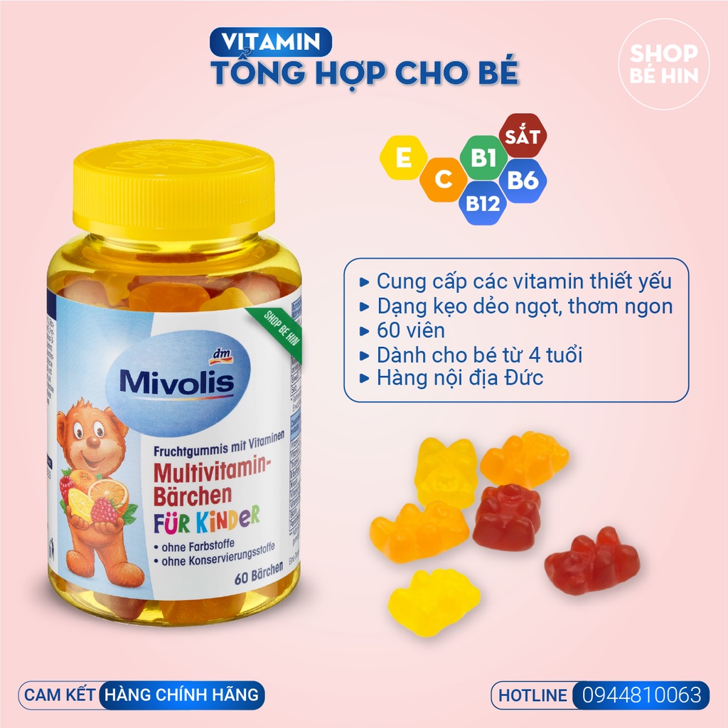 Kẹo Vitamin tổng hợp hình gấu Mivolis Đức lọ 60 viên, kẹo dẻo Mivolis cho bé từ 4 tuổi và người lớn