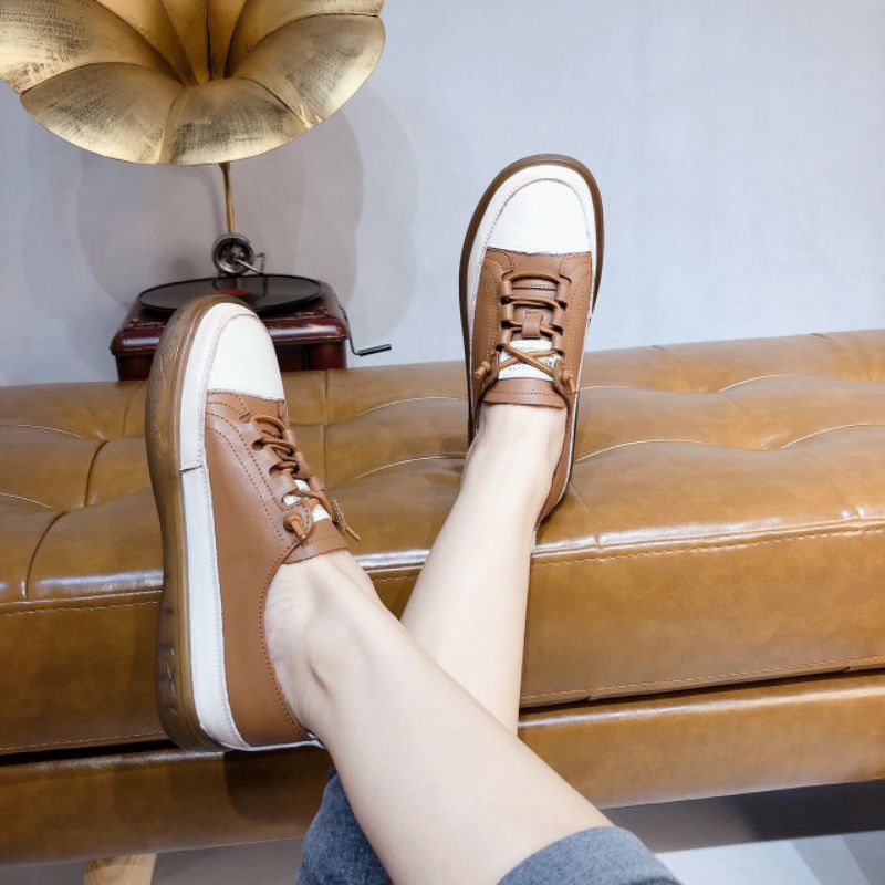t Giày Thể Thao Nữ Nâu Giày Da Thật Dây Lười Mềm Êm Fullbox Cao Cấp