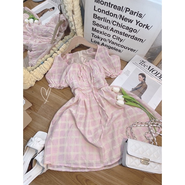 💥CÓ SẴN💥 Đầm carro hồng nhíu ngực công chúa kute ♥️ẢNH THẬT♥️