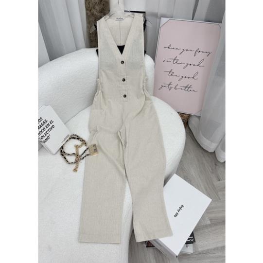 Set jumpsuit tanktop kem cổ v nút nâu không tay kèm áo croptop 2 dây đen