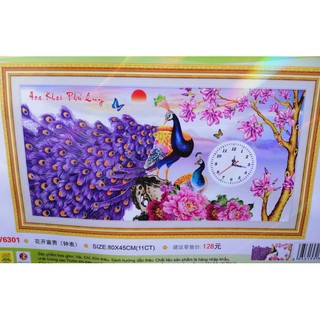Tranh thêu chữ thập đồng hồ chim công (chưa thêu) DV6301
