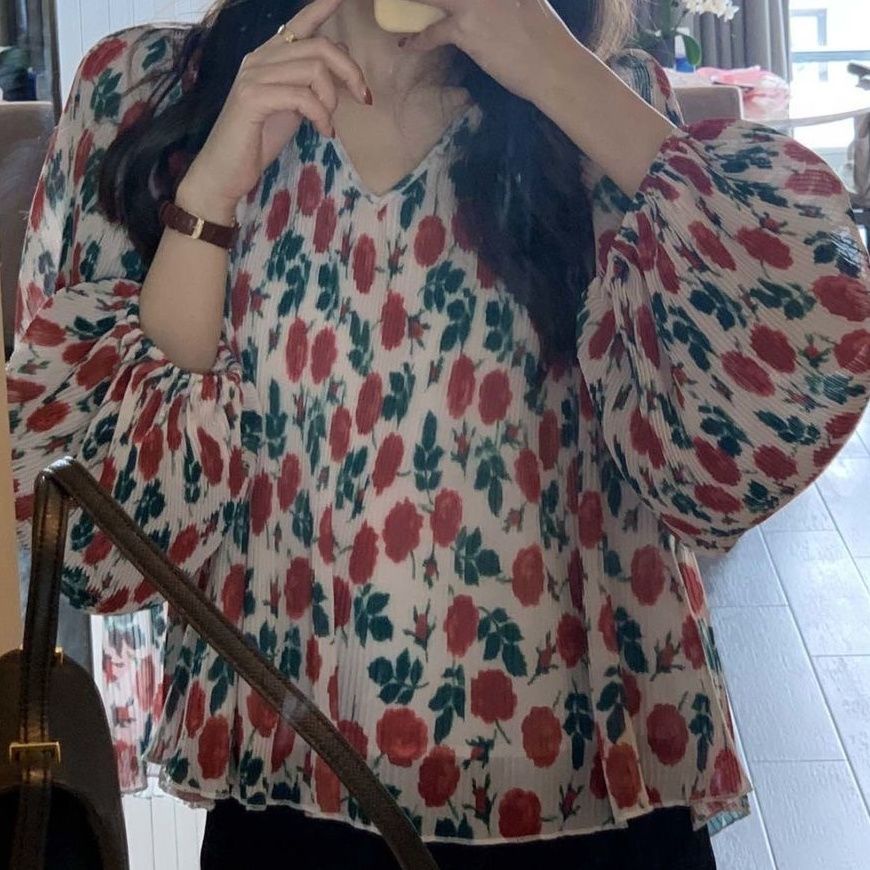 Áo Sơ Mi chiffon Dáng Rộng In Họa Tiết Hoa Phong Cách Hàn Quốc Thời Trang