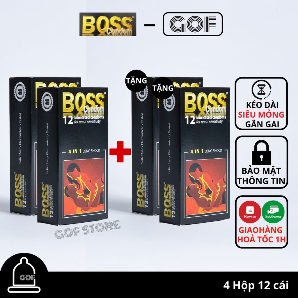 Mua 2 Bao cao su gai gân ôm sát Boss 4 in 1 Long Shock Hộp 12c tặng 2 bao cao su kéo dài Boss 4 in 1 Hộp 12c – GoF