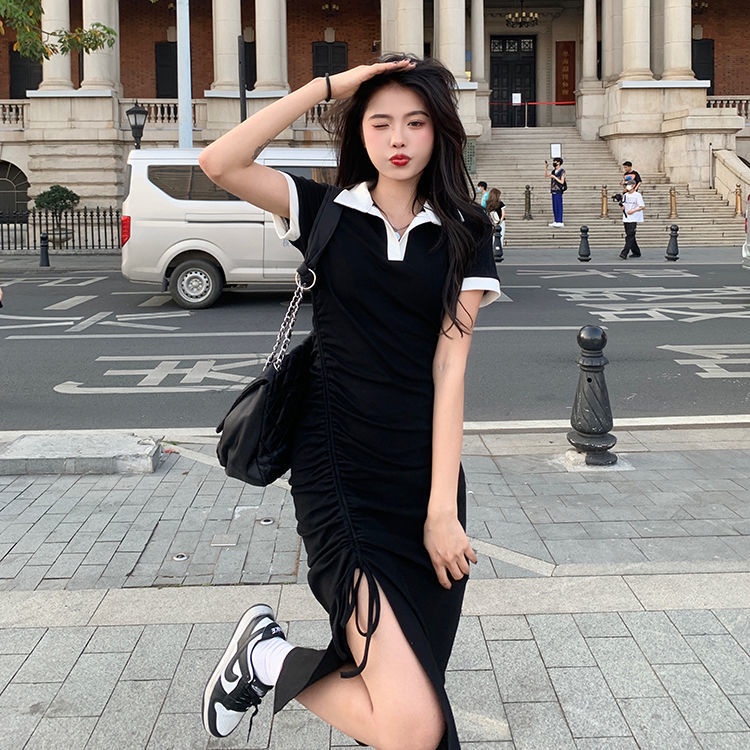 COZOK Đầm Cổ POLO Dáng Ôm Rút Dây Xếp Ly Màu Tương Phản Trẻ Trung