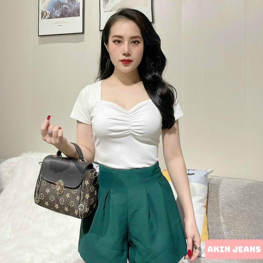 Áo Thun Nữ Dúm Ngực Ôm Body Siêu Tôn Dáng Tiểu Thư Chất Cotton Cổ Vuông Tay Ngắn Akin Jeans, APDN