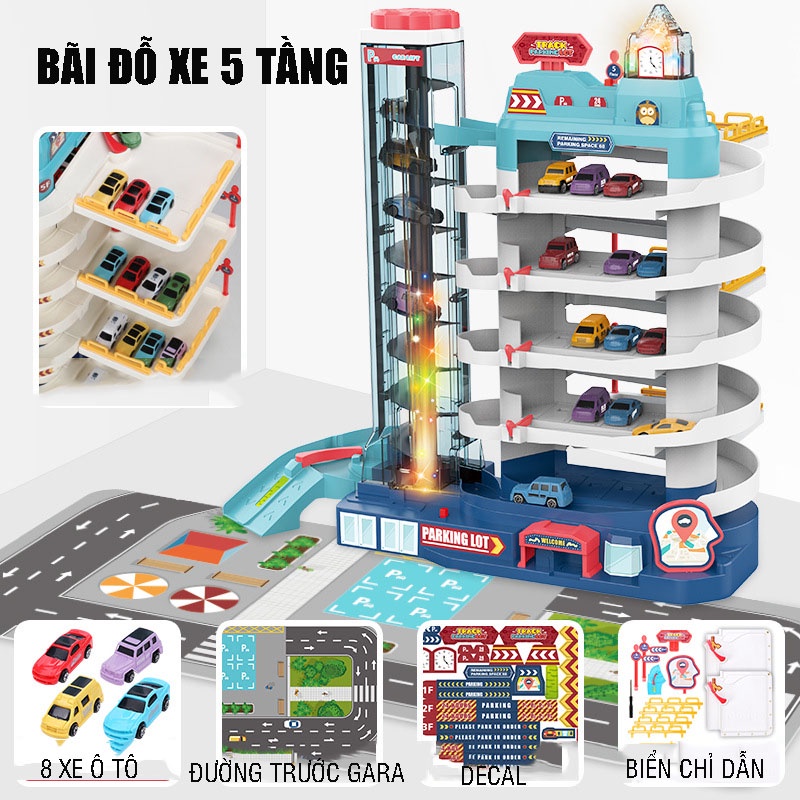 Bãi đỗ xe ô tô đồ chơi 5 tầng kích thước lớn có nhạc kèm sẵn 8 ô tô nhiều màu sắc cho bé
