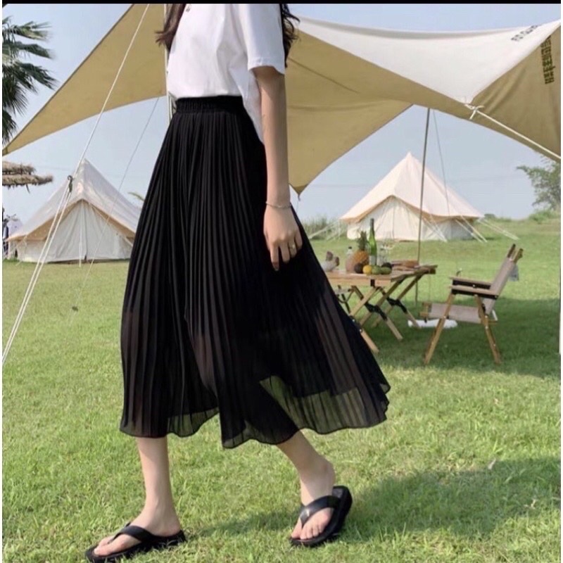 Chân váy voan dập ly dáng dài  2 màu trắng và đen. alohashop91