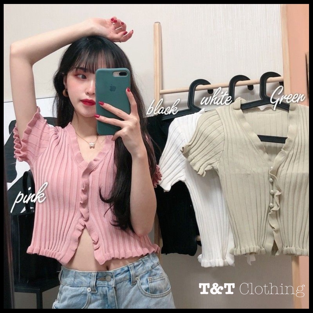 ÁO CROPTOP NỮ GÂN BÈO NÚT BỌC | áo kiểu nữ - áo thun 💃By 23t.shop | BigBuy360 - bigbuy360.vn