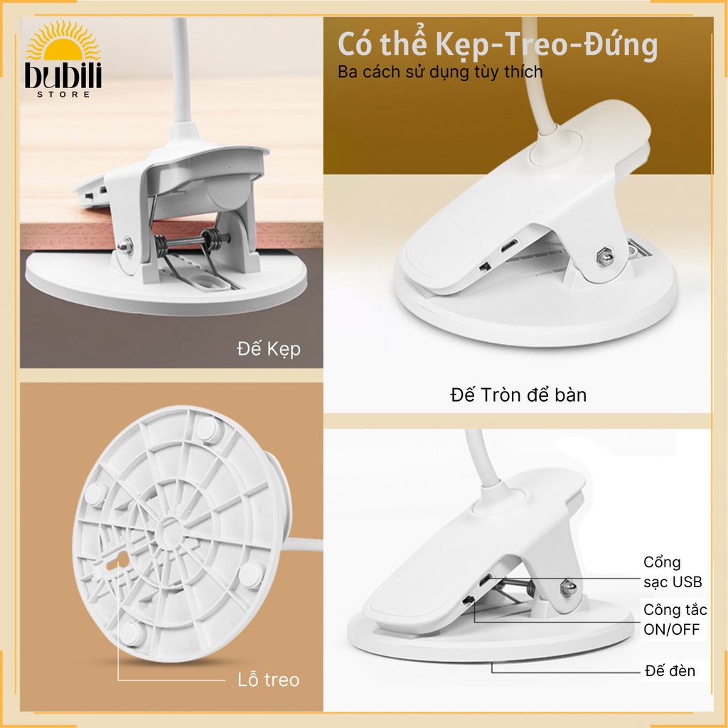 Đèn học Kẹp Sạc Pin 3 màu ánh sáng Làm mờ vô cấp Hình tròn Q5-3