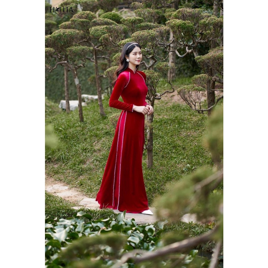 Áo Dài Nhung  Đỏ Viền Ngọc  Cao Cấp