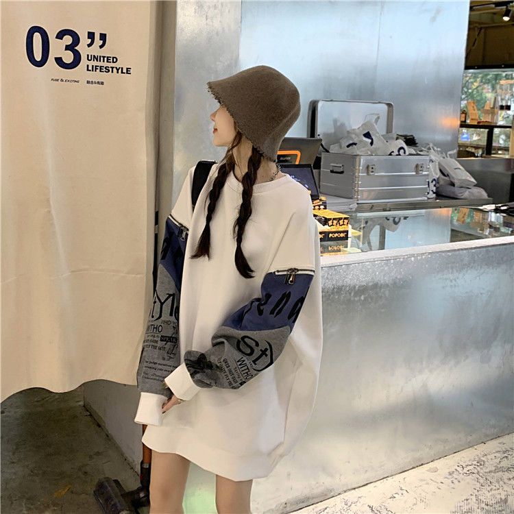 Áo Sweater Tay Dài Dáng Rộng Có Khóa Kéo In Họa Tiết Phong Cách Hàn Quốc Cho Nữ