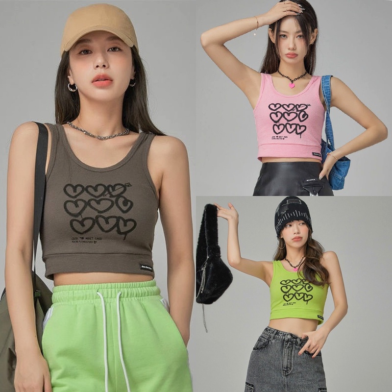 Áo Hai Dây In Hình Trái Tim Màu Xanh Lá Thời Trang Mùa Hè Dành Cho Nữ