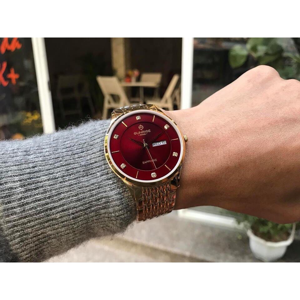 Đồng Hồ Sunrise Nam 1109PB Dây Vàng Mặt Đỏ