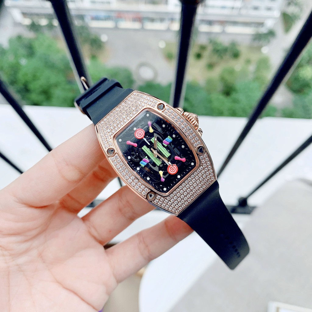 Đồng Hồ Huboler Hanboro Nữ Dây Da Silicon Đen Mặt Sắc Màu Rose Gold Authentic 31x42mm