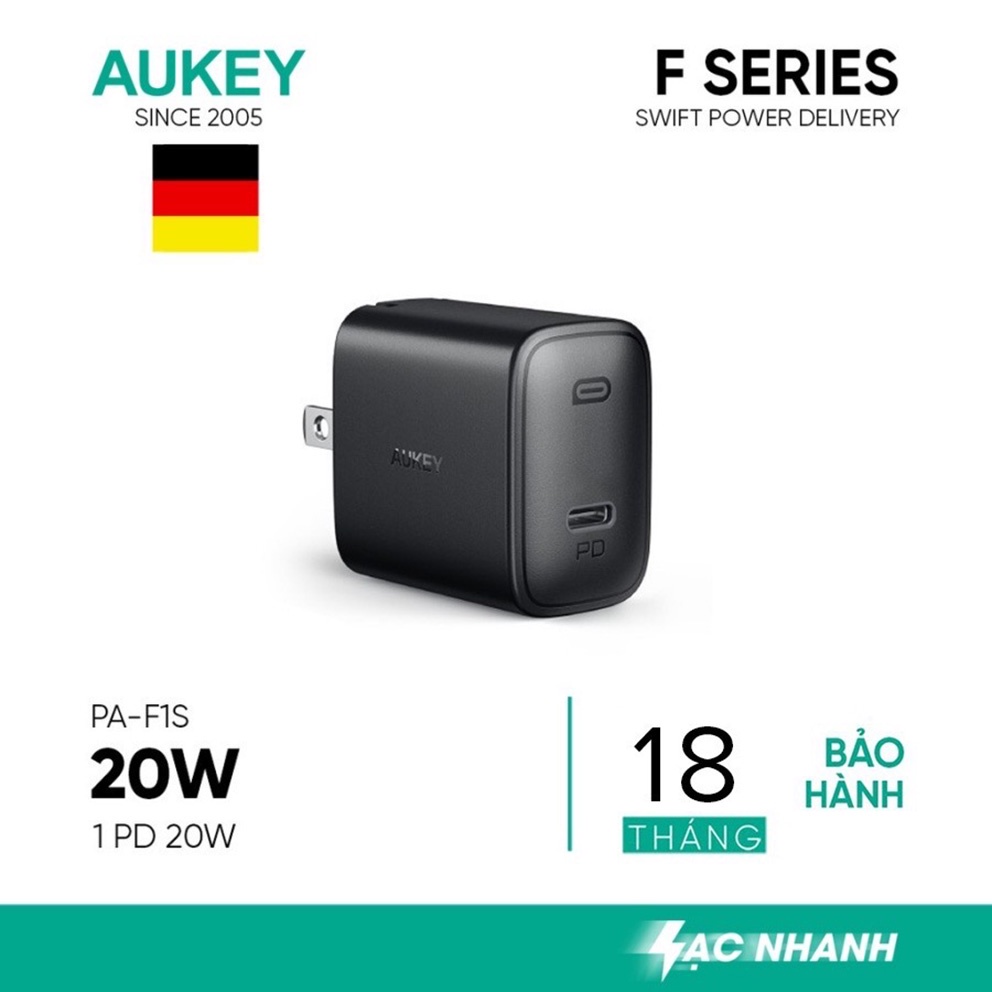 Củ Sạc Nhanh Siêu Nhỏ Aukey PA-F1S Cổng Type C Power Delivery 20W dành cho IP8-IP13/IPAD/IPod BH 18TH