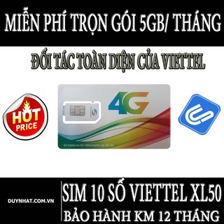 Sim 10 Số Viettel 4G Gói XL50 Khuyến Mại 5GB/Tháng-Nghe Gọi,Nhắn Tin