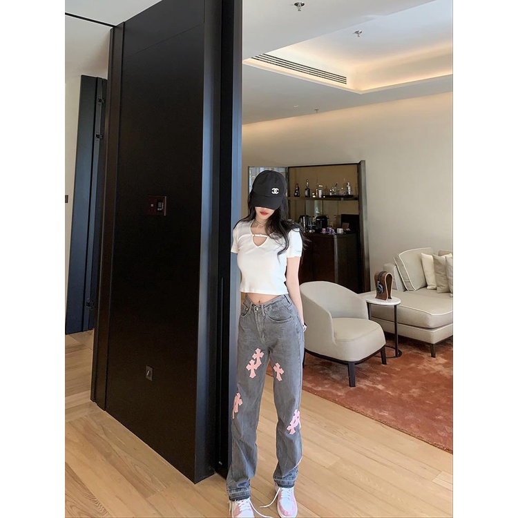 Quần jean ống thẳng dài họa tiết chữ thập màu hồng eo cao cho nữ