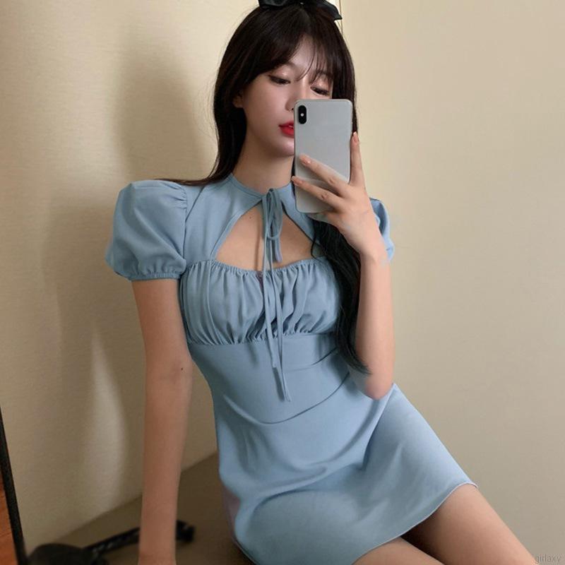 Đầm Nữ Ngắn Tay Thắt Nơ Cổ Thời Trang