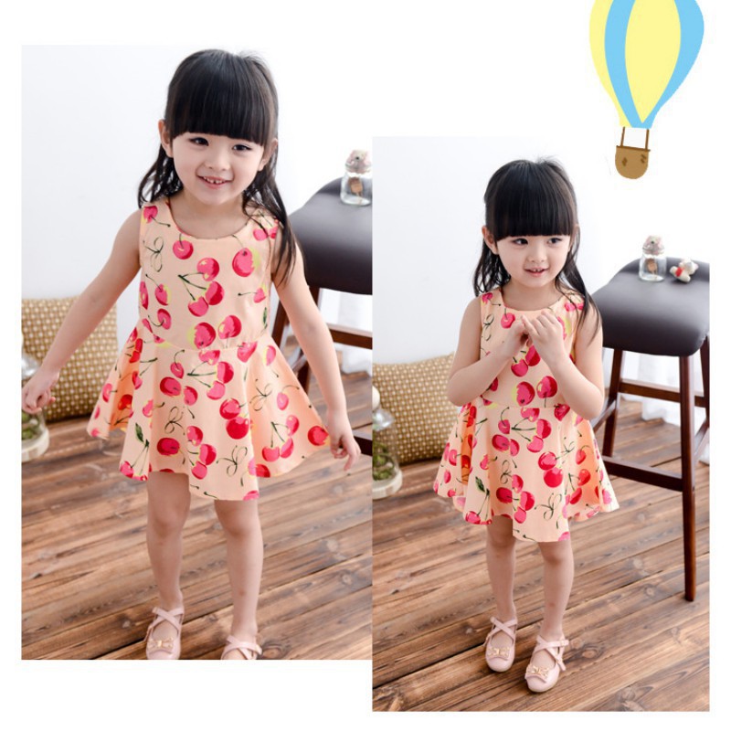 Đầm xòe không tay in hình quả anh đào dễ thương cho bé
