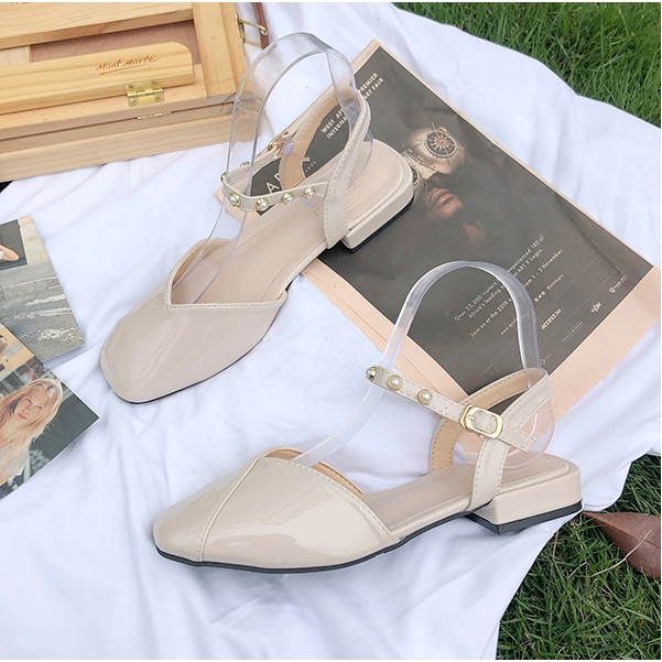 Giày sandal nữ da bóng đính ngọc quai cài cực xinh mang êm chân HOT 2021, giày sandal nữ đế bằng đẹp